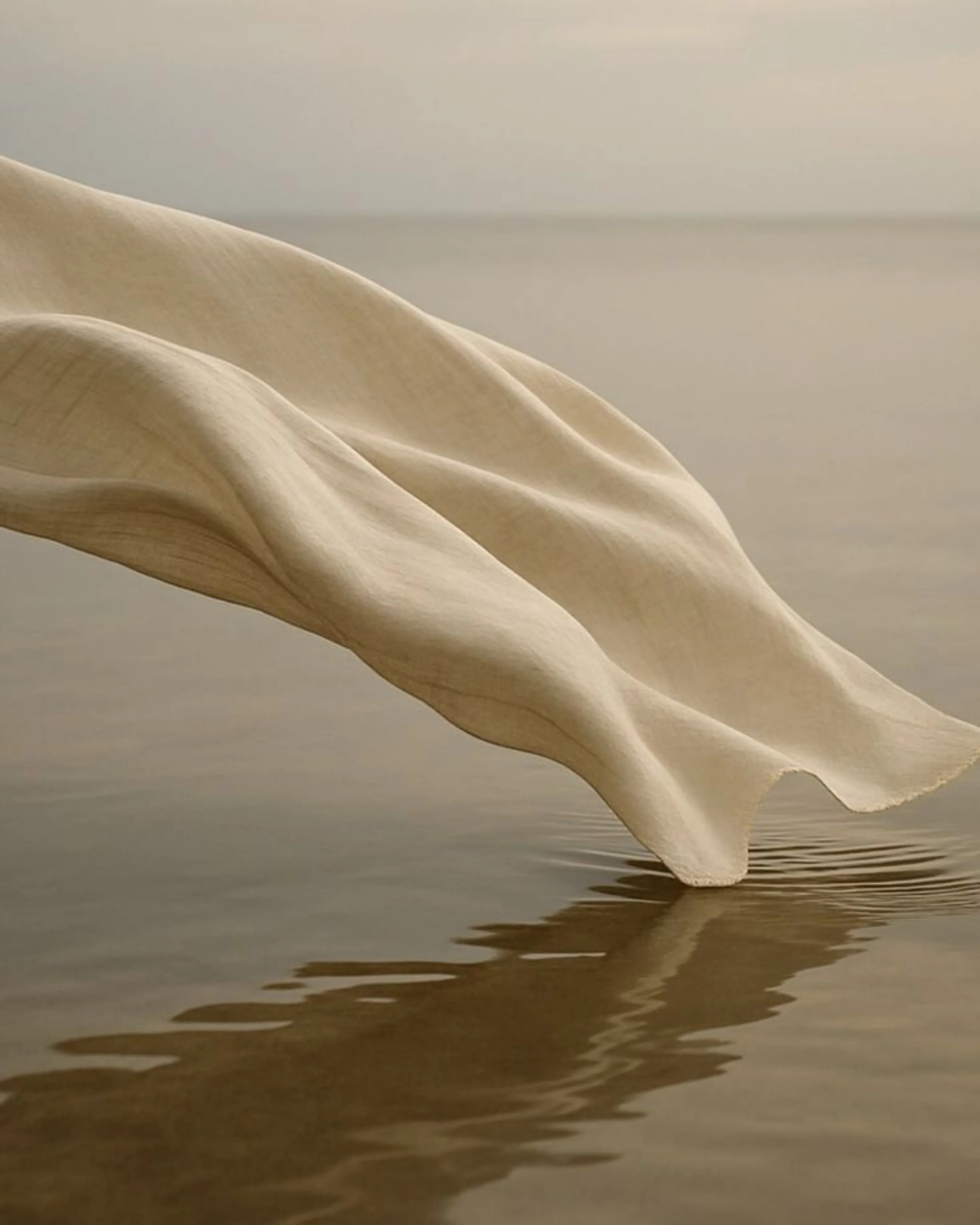 Soft neutral fabric flowing above reflective water